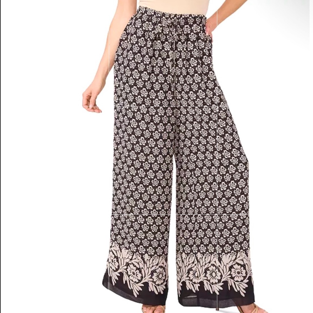 CeCe Black & White Floral Border Flowy Wide Leg Women’s Pants  Size XL